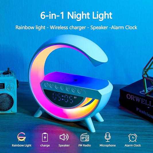 Clock Bluetooth Speaker with White RGB Light ,15W Wireless Phone Charger with Google Assistant Smart Speaker  (Multicolor)